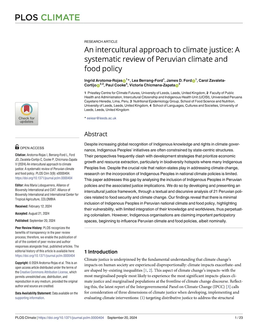 An intercultural approach to climate justice: A systematic review of Peruvian climate and food policy