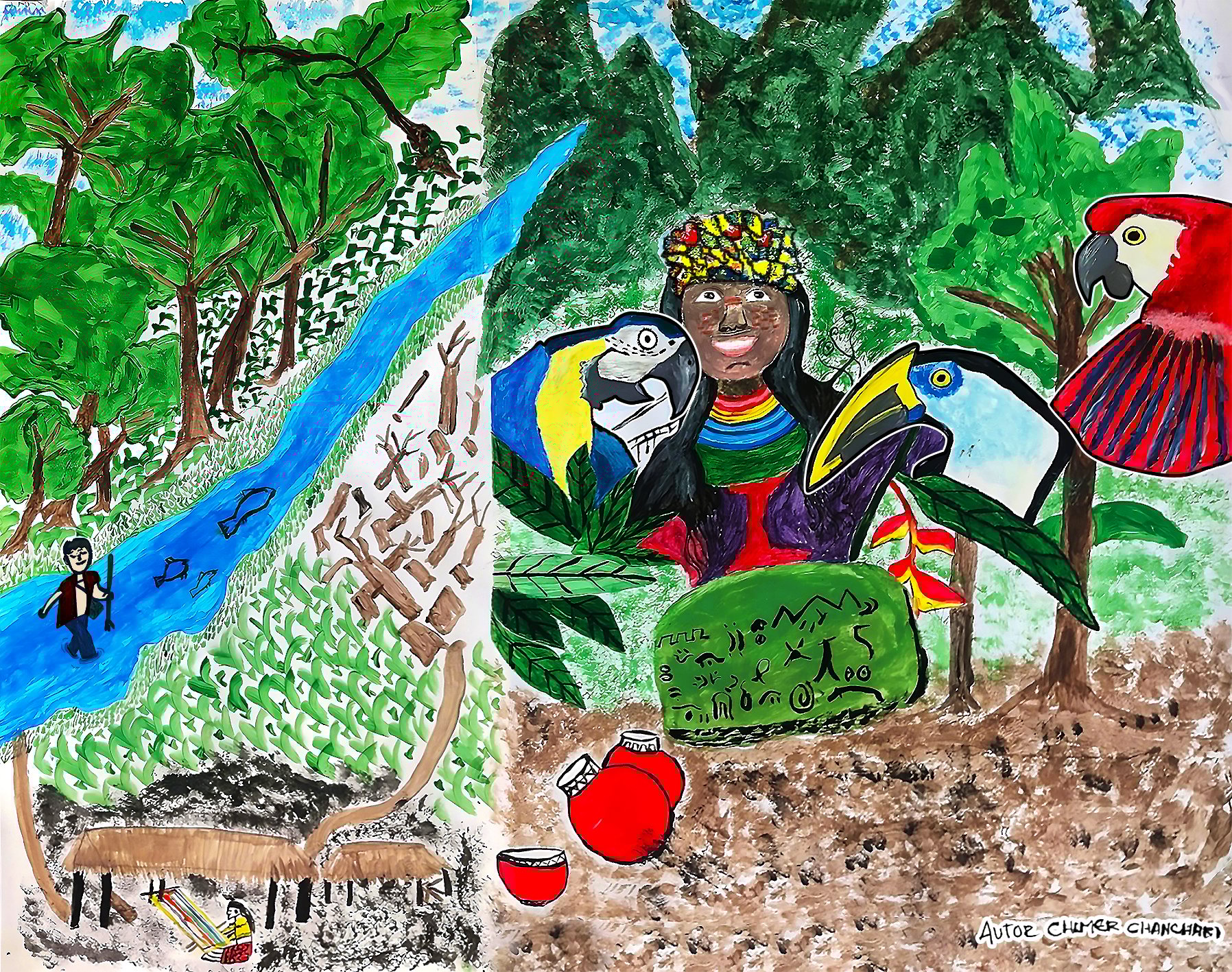 Digitalised painting of Chimer Chanchari, a young artist from the Shawi Indigenous Peoples of the Peruvian Amazon. His artwork reflects the perspectives of Shawi Youth on their ancestral territories, and their hopes for the future.